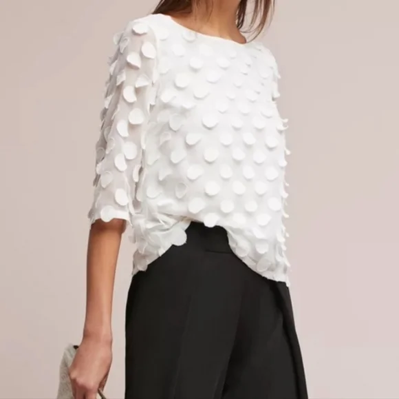 Anthropologie Dottie White Polka-dot Mid Sleeve Top Size 4 - Picture 1 of 7